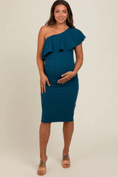 PinkBlush Dark Teal Ruffle One-Shoulder Maternity Midi Dress