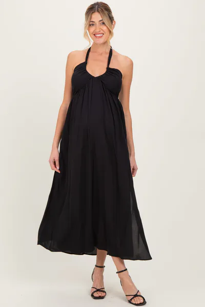 PinkBlush Black Halter Neck Side Slit Maternity Midi Dress