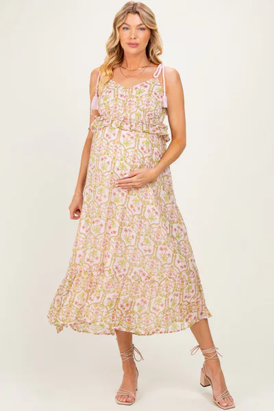 PinkBlush Light Pink Floral Tassel Strap Maternity Midi Dress