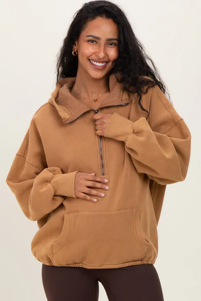 PinkBlush Mocha Fleece Half Zip Drop Shoulder Maternity Hoodie