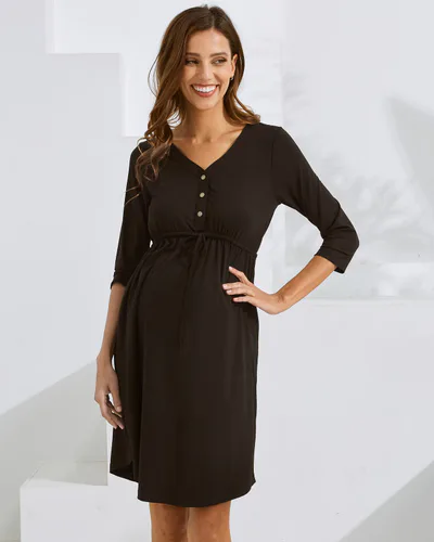 Angel Maternity Maternity & Nursing Button Drawstring Dress in Black