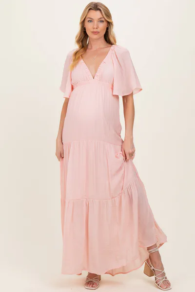 PinkBlush Light Pink Flutter Sleeve Maternity Maxi Dress