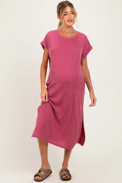 PinkBlush Mauve Short Sleeve Ribbed Maternity Maxi Dress