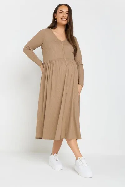Yours Clothing BUMP IT UP MATERNITY Brown Premium Ribbed Button Through Modal Dress