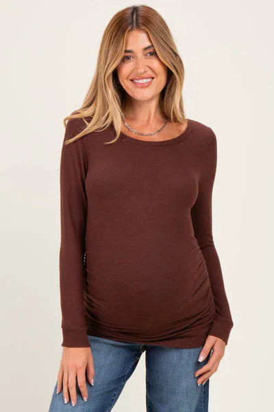 PinkBlush Brown Soft Knit Ruched Maternity Top