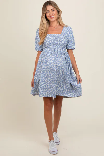 PinkBlush Light Blue Floral Smocked Tie Back Maternity Dress