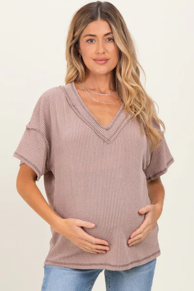 PinkBlush Taupe Ribbed Short Sleeve V-Neck Reverse Stitch Maternity Top