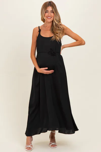 PinkBlush Black Sleeveless Flower Belt Maxi Dress