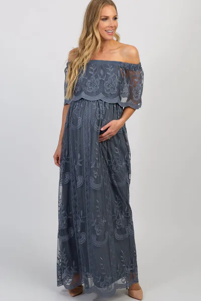 PinkBlush Blue Lace Mesh Overlay Off Shoulder Maternity Maxi Dress