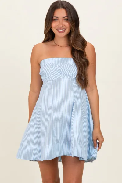 PinkBlush Light Blue Striped Strapless A-Line Maternity Dress