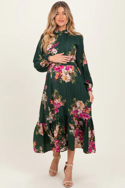 PinkBlush Forest Green Floral Long Sleeve Maternity Midi Dress