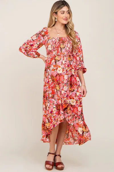 PinkBlush Coral Multi-Color Floral Smocked Maternity Hi-Lo Dress