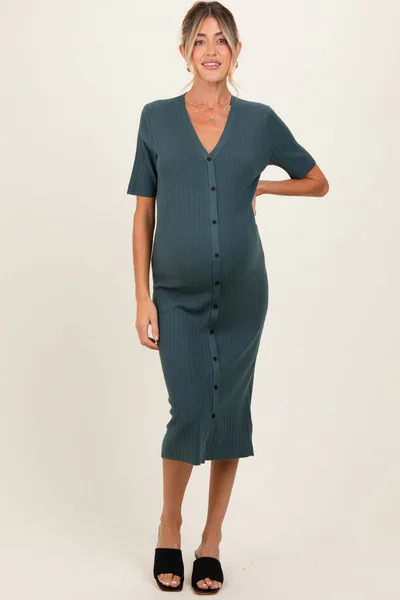 PinkBlush Forest Green Button Down Maternity Sweater Midi Dress