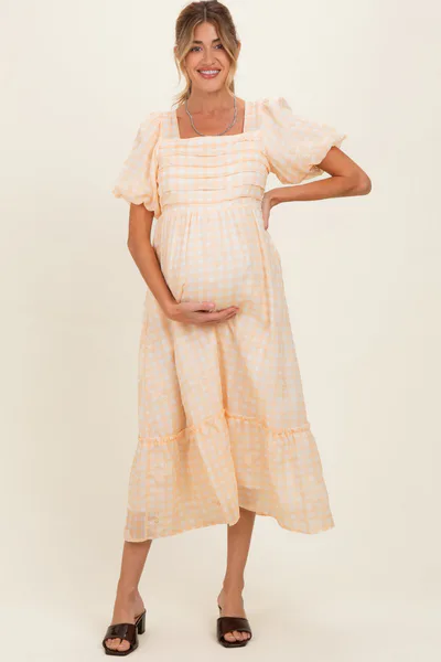 PinkBlush Yellow Gingham Pleated Square Neck Maternity Midi Dress