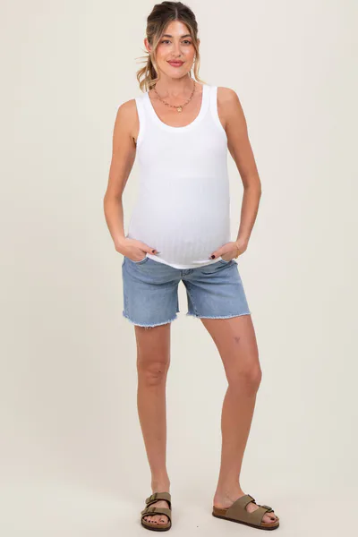 PinkBlush Blue High Rise Distressed Maternity Denim Shorts