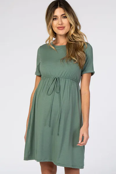 PinkBlush PinkBlush Sage Green Cuff Sleeve Waist Tie Maternity Dress