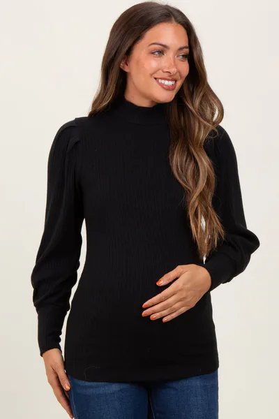 PinkBlush Black Ribbed Mock Neck Bubble Sleeve Maternity Top
