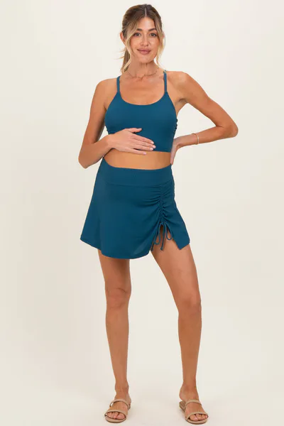 PinkBlush Teal Ribbed Crop Tank Swim Skirt Maternity Set