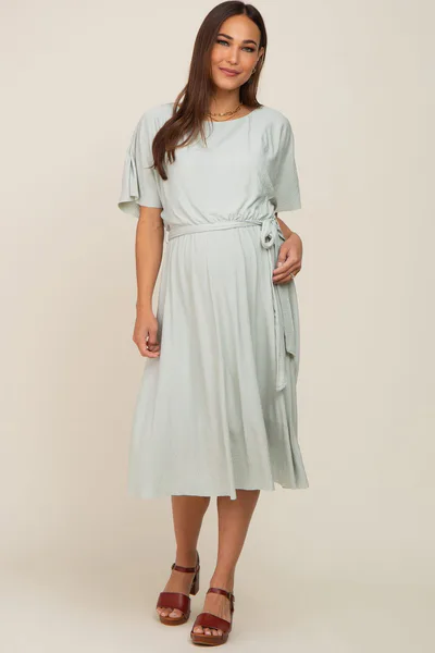 PinkBlush Mint Green Crinkle Knit Tie Waist Short Sleeve Maternity Dress
