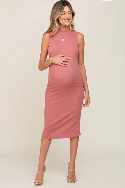 PinkBlush Mauve Ribbed Sleeveless Mock Neck Maternity Midi Dress