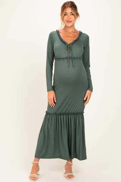 PinkBlush Olive Ribbed Long Sleeve Ruffle Trim Off Shoulder Maternity Maxi Dress
