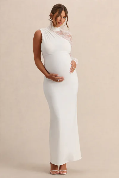 Club L London Hartley | White High-Neck Maternity Maxi Dress With Lace Detailing