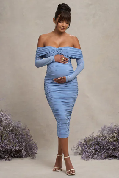 Club L London Neva | Powder Blue Bardot Twist Maternity Midi Dress