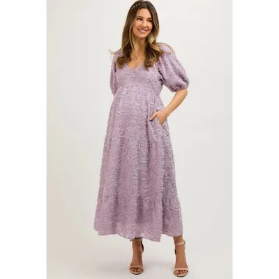 Target PinkBlush Lavender Fringe Textured Short Puff Sleeve Maternity Midi Dress Lavender Large