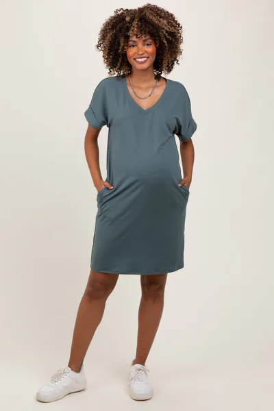 PinkBlush Jade Brushed Rolled Short Sleeve V-Neck Maternity Dress