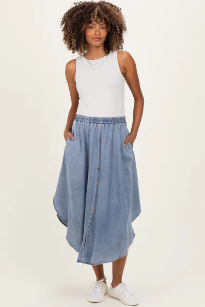 PinkBlush Blue Chambray Tulip Hem Maternity Midi Skirt