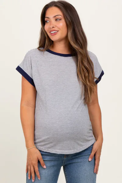 PinkBlush Black Pinstripe Contrast Trim Short Sleeve Maternity Tee