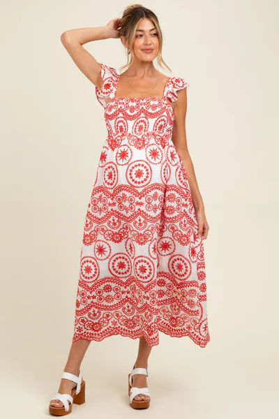 PinkBlush Red Embroidered Smocked Cutout Maternity Midi Dress