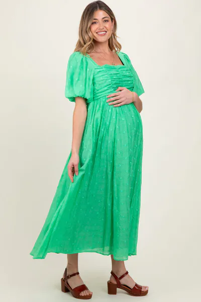 PinkBlush Green Embroidered Shirred Puff Sleeve Maternity Maxi Dress