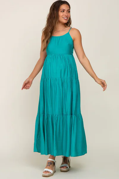 PinkBlush Green Tiered Maternity Maxi Dress