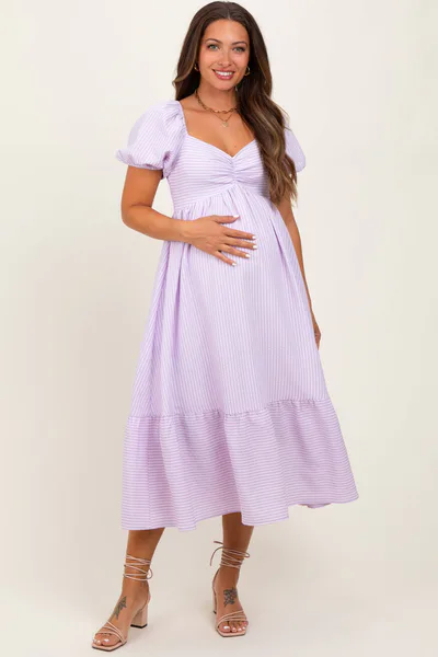 PinkBlush Lavender Sweetheart Stripe Smocked Back Maternity Midi Dress