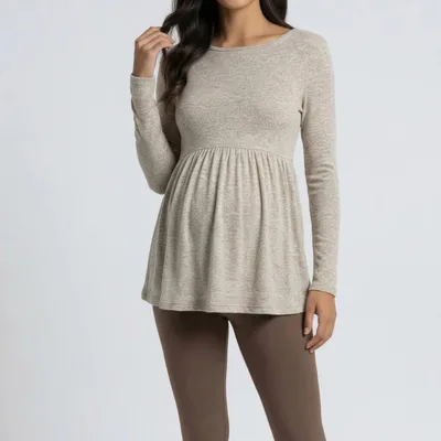 Target Anna-Kaci Women's Maternity Long Sleeve Babydoll Tunic Top with Crew Neck Soft Stretch Flowy Shirt - Large, Khaki