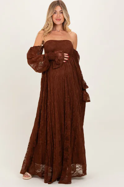 PinkBlush Brown Lace Smocked Long Sleeve Off Shoulder Maternity Maxi Dress