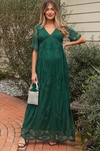 PinkBlush Green Lace Mesh Overlay Maternity Maxi Dress