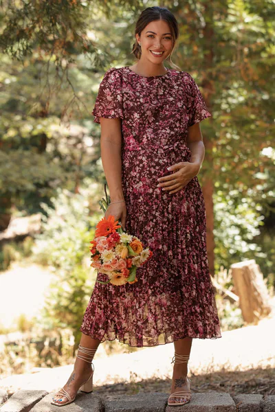 PinkBlush Brown Floral Pleated Maternity Midi Dress