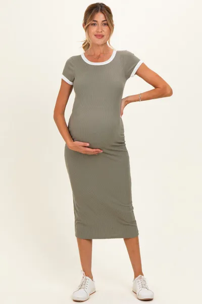 PinkBlush Faded Olive Colorblock Trim Maternity Midi Dress