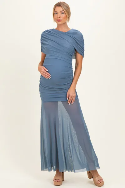 PinkBlush Blue Draped Bodice Ruched Mesh Maternity Maxi Dress