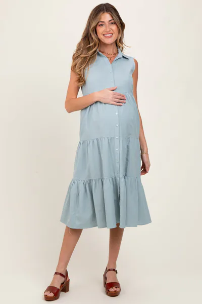 PinkBlush Light Olive Tiered Sleeveless Maternity Midi Shirt Dress