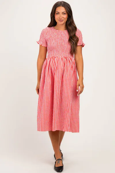 PinkBlush Cherry Smocked Gingham Maternity Midi Dress