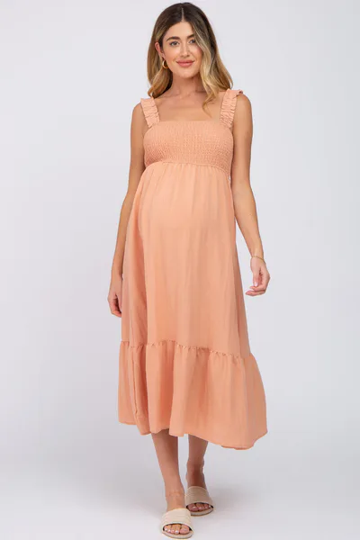 PinkBlush Peach Smocked Maternity Midi Dress