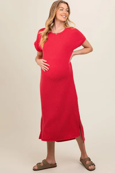 PinkBlush Red Ribbed Short Sleeve Maternity Midi Dress
