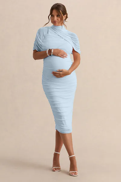 Club L London Aderyn | Light Blue High-Neck Maternity Midi Dress With Sheer Cape Sleeves