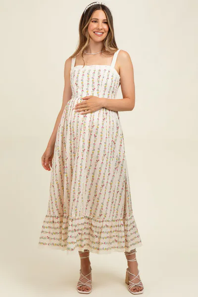 PinkBlush Cream Floral Textured Cotton Lace Trim Maternity Maxi Dress