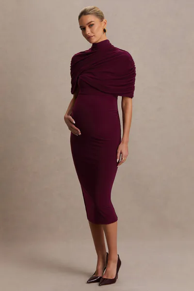 Club L London Augustina | Burgundy Maternity Midi Dress With Cape