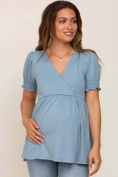PinkBlush Blue Puff Sleeve Crossover Maternity/Nursing Top