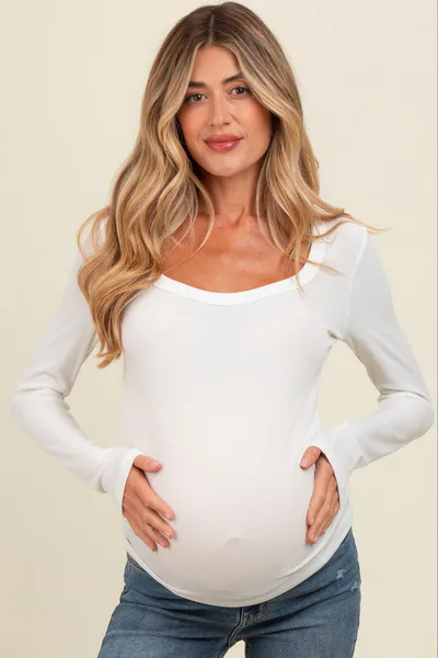 PinkBlush Ivory Ribbed Square Neck Long Sleeve Maternity Top